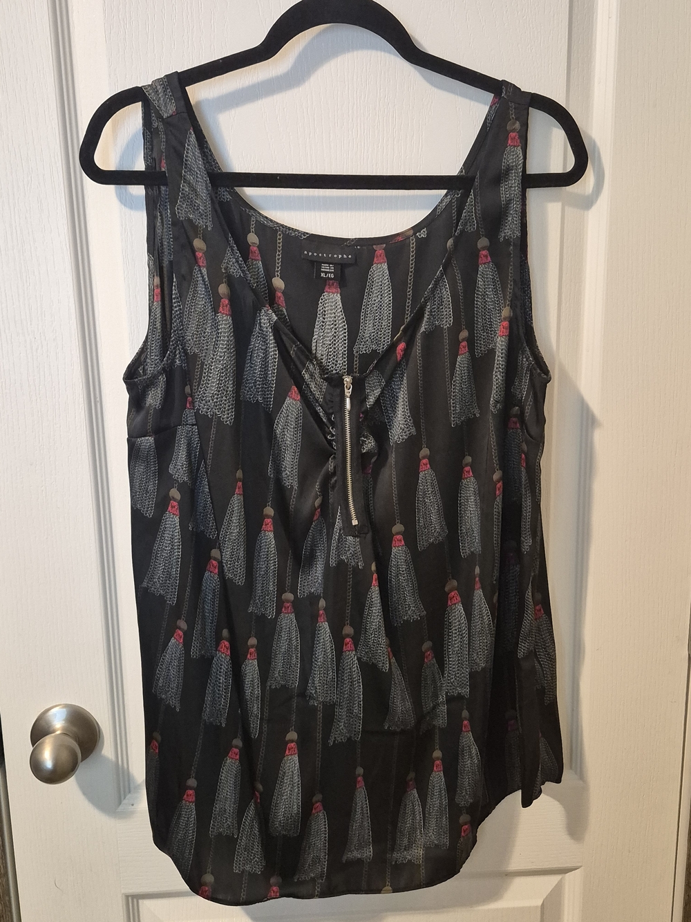 Sleeveless Black Tassel-Print Women's Tank Top 1/4 Zip Whimsigoth Dark Romance